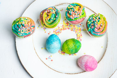 High angle view of multi colored cake on table