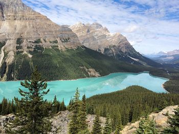 Scenic view of peyto lake by canadian rockies mountains against sky