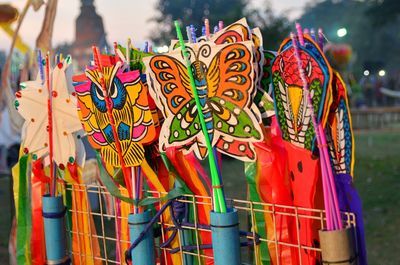 Close-up of multi colored toys for sale in market