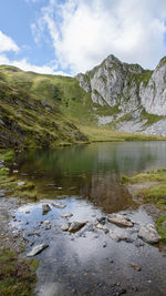 Scenic view of lake and mountains against sky