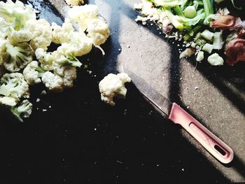 High angle view of chopped vegetables on cutting board