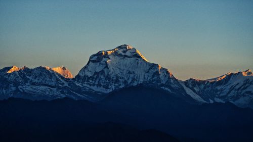 Scenic view of mountains against clear sky during winter