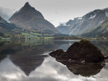 Scenic view of lake and mountains against sky