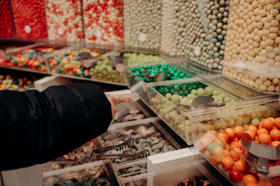 High angle view of food for sale at market stall