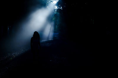 Silhouette person standing on illuminated street light at night