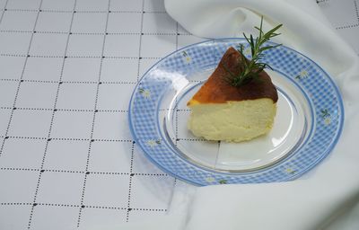 High angle view of cake in plate on table