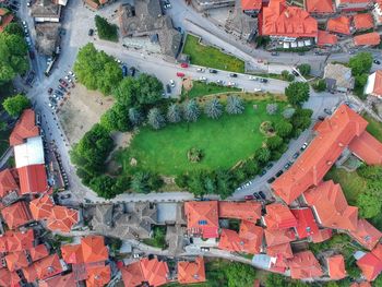 High angle view of houses and buildings in city