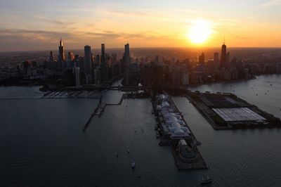 Panoramic view of buildings against sky during sunset