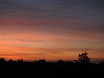 Silhouette trees on field against romantic sky at sunset