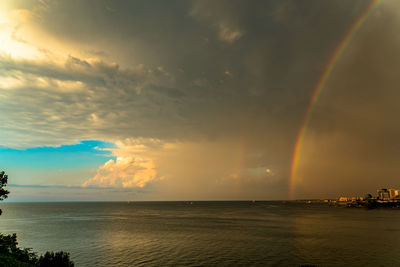 Scenic view of rainbow over sea against sky