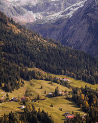 High angle view of trees and buildings on mountain