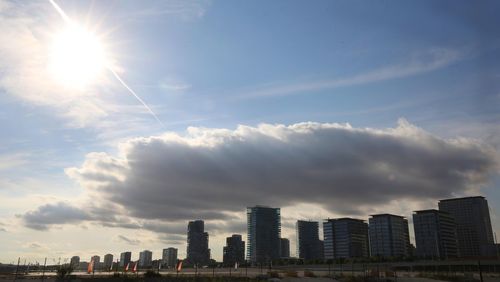 View of skyscrapers against cloudy sky