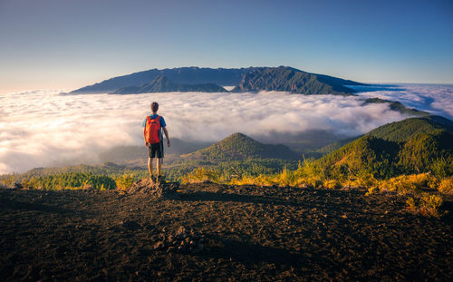 Rear view of man standing on mountain against sky