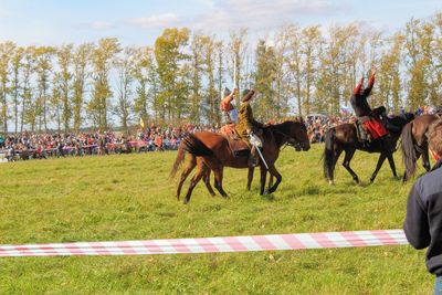 Horses running on field against sky