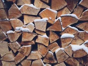 Full frame shot of firewood with snow