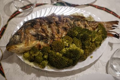 High angle view of fish in plate on table