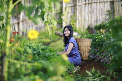 Woman smiling in basket