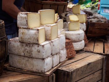 Close-up of stacked cheese at table