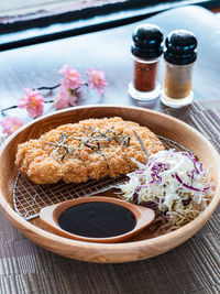 High angle view of food in plate on table