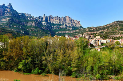 View of trees and buildings against blue sky