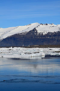 Mountainous glacier melting into a lagoon in southern iceland.