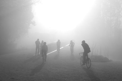 People riding bicycle on road in foggy weather