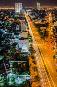High angle view of city street at night