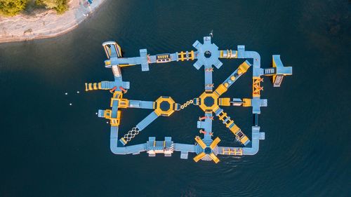 High angle view of information sign on river