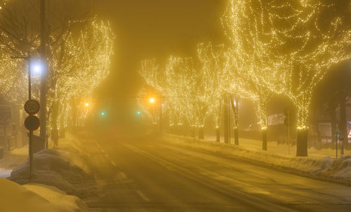 Rear view of man walking on road at night