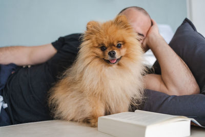 Man lying with dog on sofa