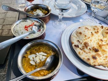 High angle view of meal served on table