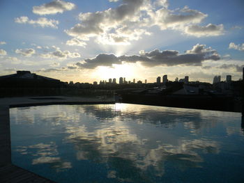 Reflection of buildings in city against sky during sunset