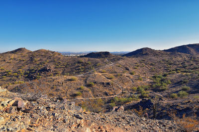 South mountain park preserve views pima canyon hiking trail, phoenix, southern arizona desert. usa