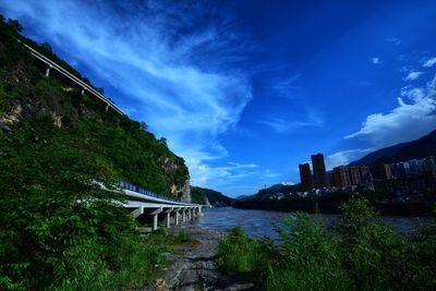 Bridge over river against blue sky