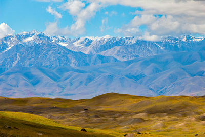 Scenic view of snowcapped mountains against sky