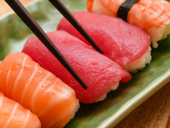 Close-up of sushi served on plate