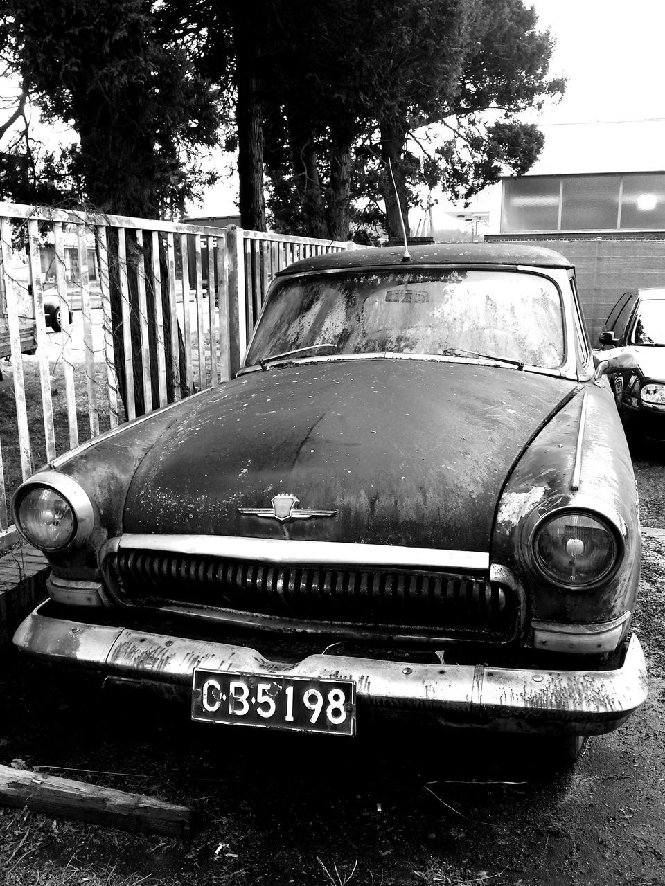 car, mode of transportation, motor vehicle, land vehicle, transportation, retro styled, vintage car, architecture, day, tree, city, no people, text, built structure, metal, outdoors, street, abandoned, nostalgia, ruined