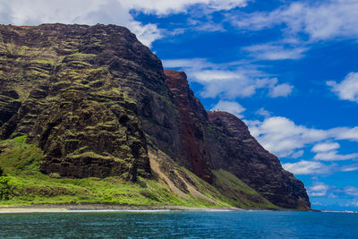 Scenic view of sea and mountains against sky