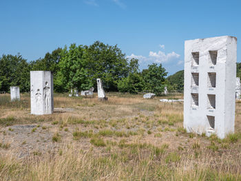 Settimia spizzichino memorial park- marble statues at campocecina in carrara in tuscany, italy.