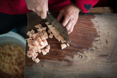 High angle view of person preparing food on cutting board