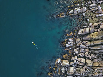 Aerial view of sup surfer ,triozerye, primorsky region, russia