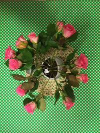 High angle view of roses in vase on green checkered tablecloth