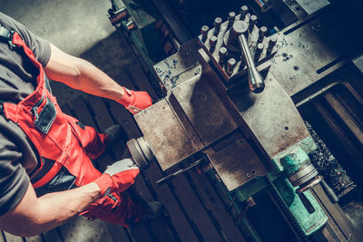 High angle view of man working at construction site