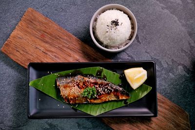 High angle view of breakfast served on table