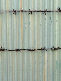 Close-up of barbed wire fence against wall