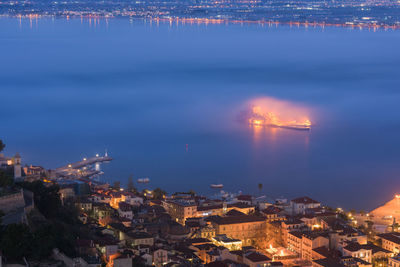 Nafplio old city and bay, from the monumental staircase of palamidi fortress, in peloponnese, greece