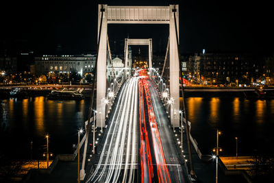 Suspension bridge in city at night