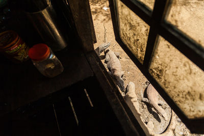 High angle view of old bottles