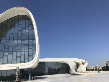 Low angle view of modern building against clear blue sky