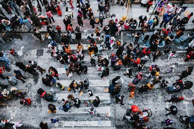 High angle view of people on road